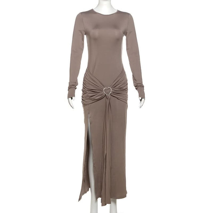 Crewneck long sleeve ruched slit maxi dress  | Festival Outfits Women