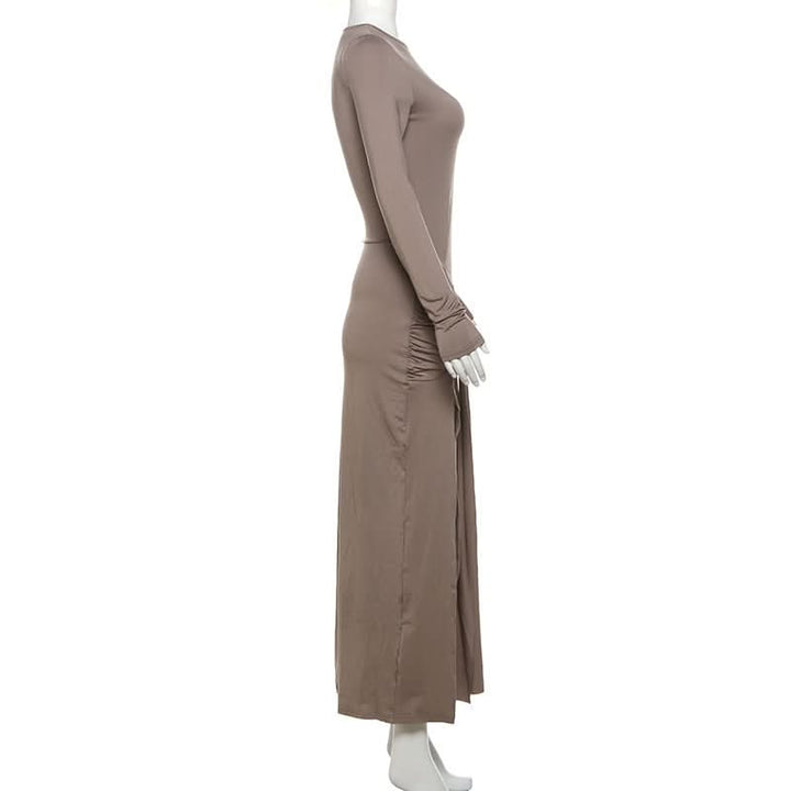 Crewneck long sleeve ruched slit maxi dress  | Festival Outfits Women
