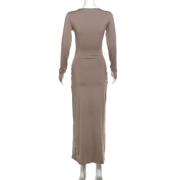 Crewneck long sleeve ruched slit maxi dress  | Festival Outfits Women