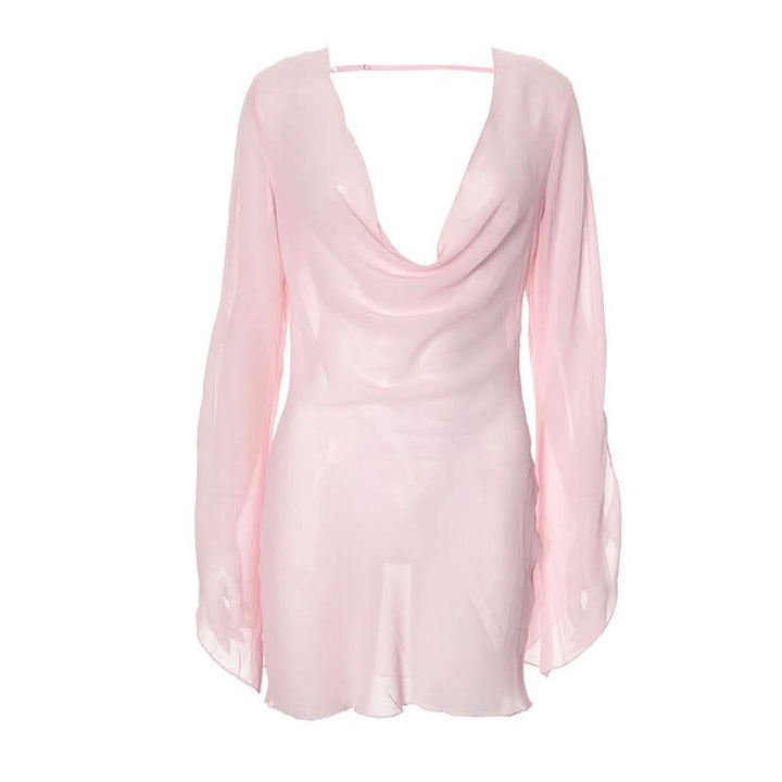 Cowl neck long sleeve chiffon see through mini dress  | Festival Outfits Women