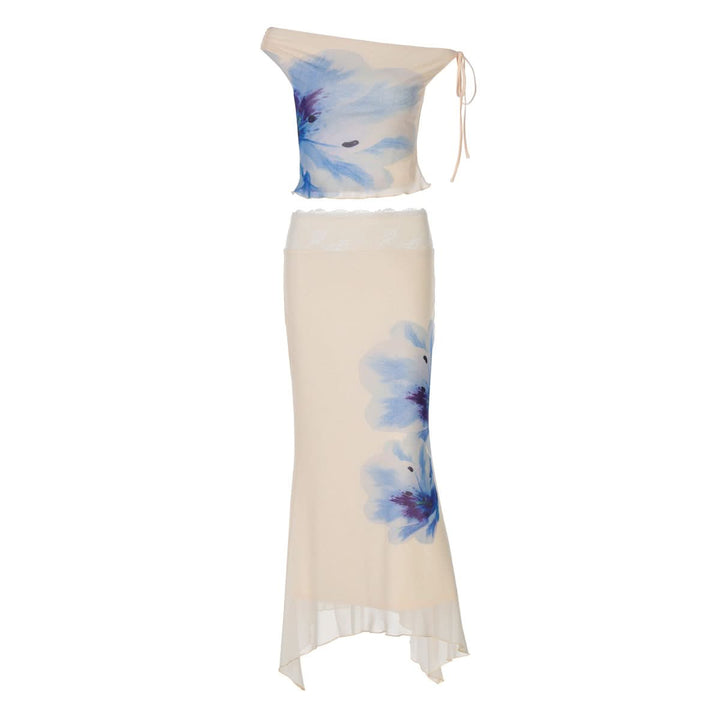 Off shoulder flower print lace hem maxi skirt set  | Festival Outfits Women