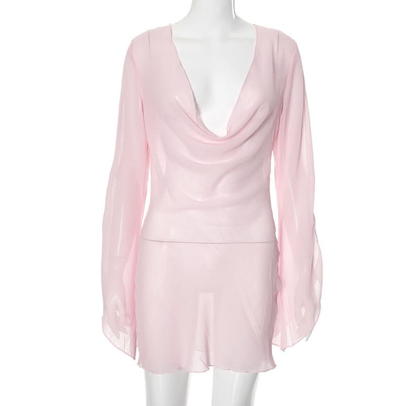 Cowl neck long sleeve chiffon see through mini dress  | Festival Outfits Women
