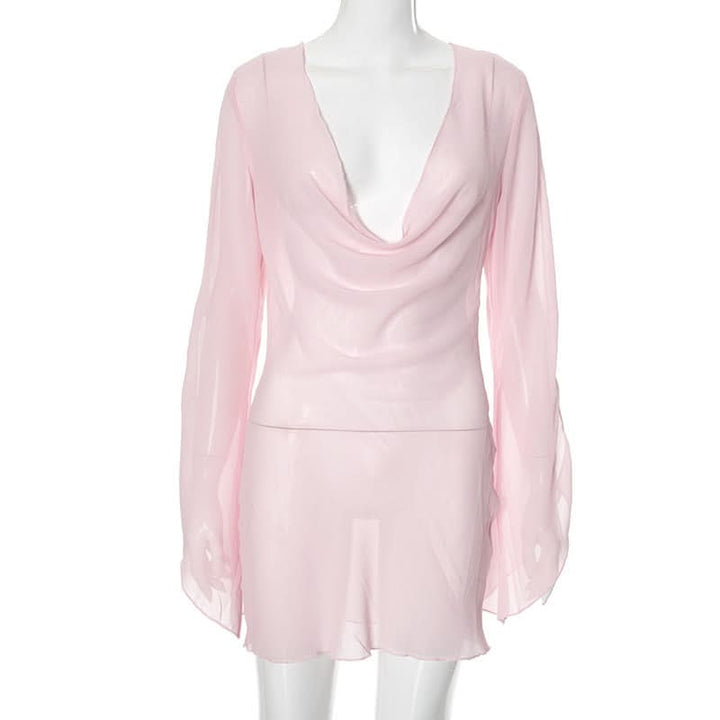 Cowl neck long sleeve chiffon see through mini dress  | Festival Outfits Women