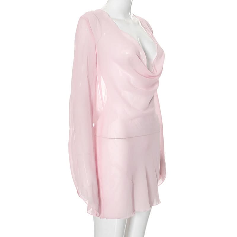 Cowl neck long sleeve chiffon see through mini dress  | Festival Outfits Women
