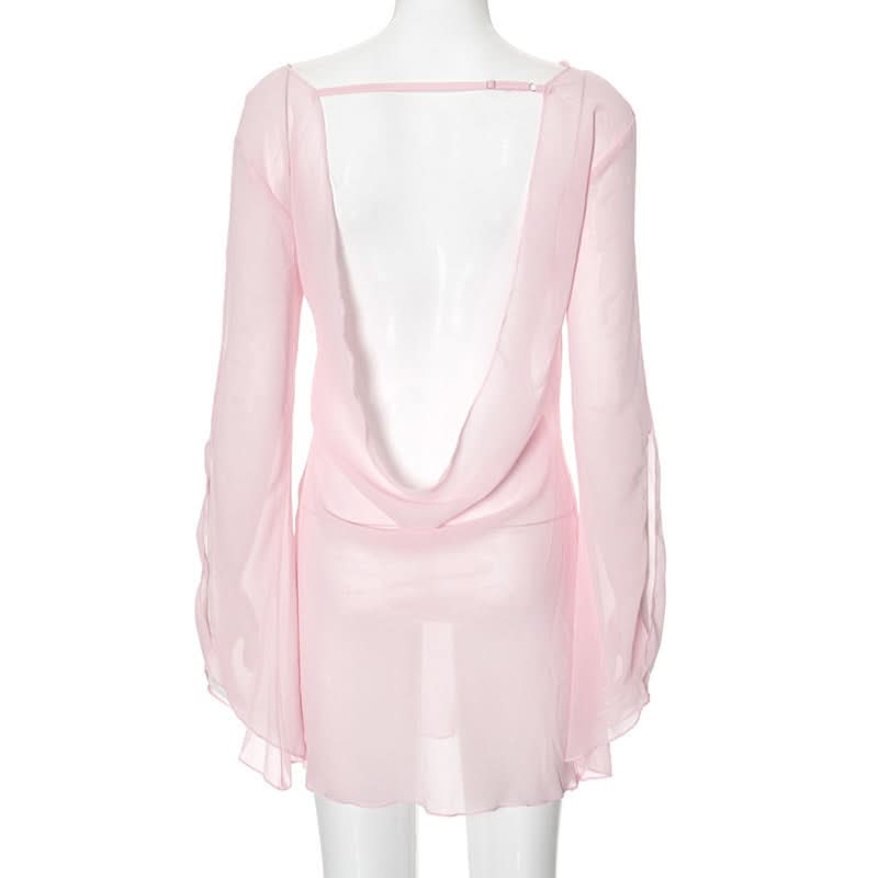 Cowl neck long sleeve chiffon see through mini dress  | Festival Outfits Women