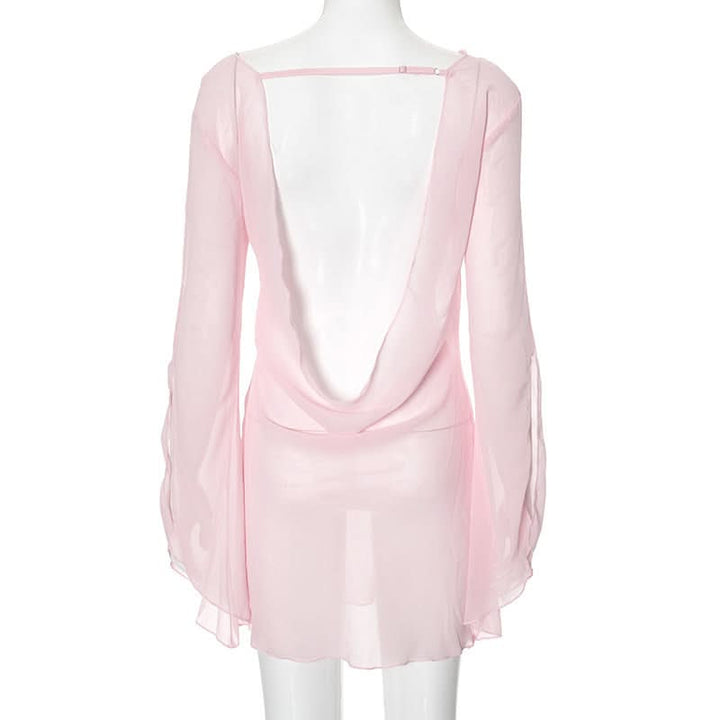 Cowl neck long sleeve chiffon see through mini dress  | Festival Outfits Women