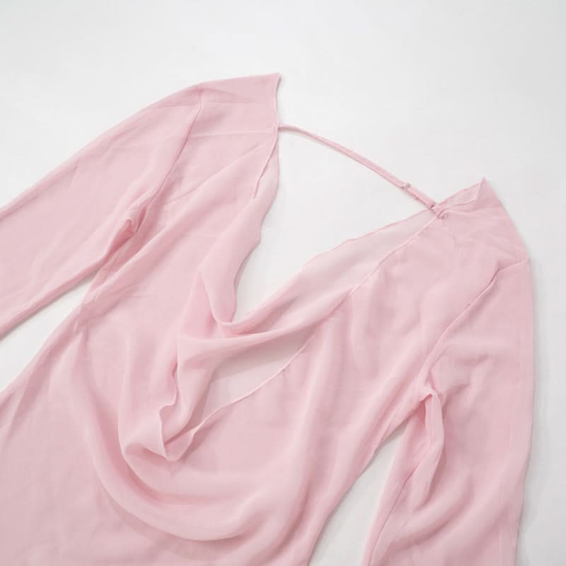 Cowl neck long sleeve chiffon see through mini dress  | Festival Outfits Women