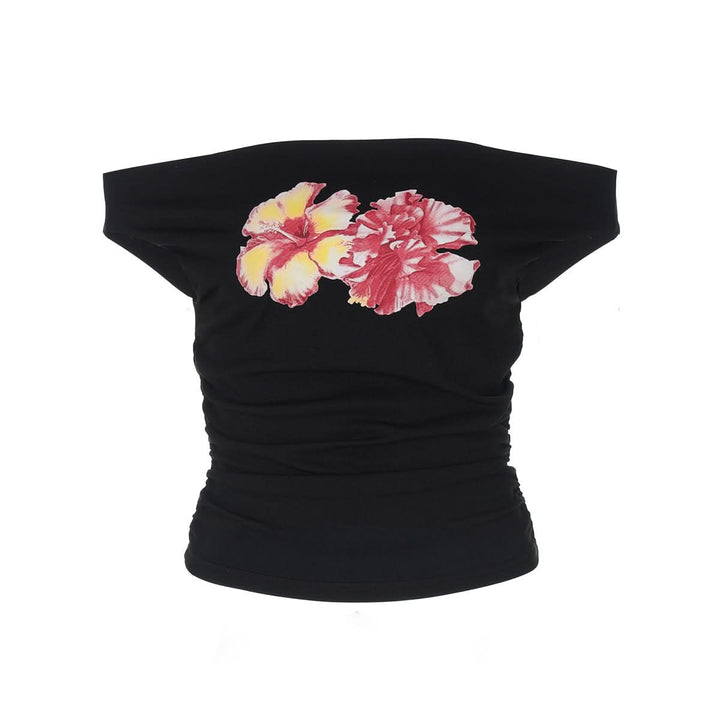 Off shoulder ruched flower pattern top  | Festival Outfits Women