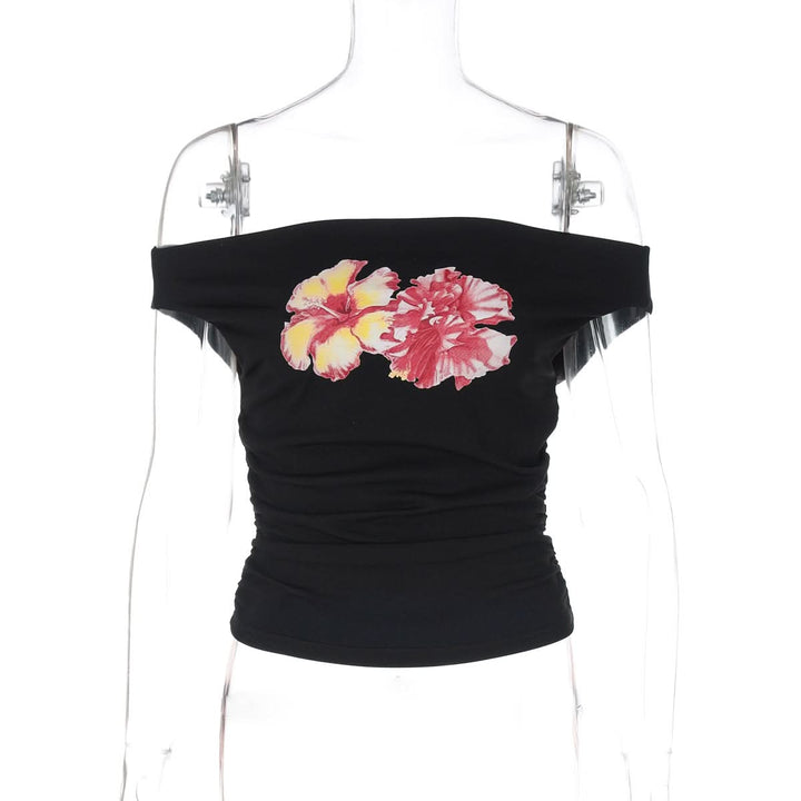 Off shoulder ruched flower pattern top  | Festival Outfits Women