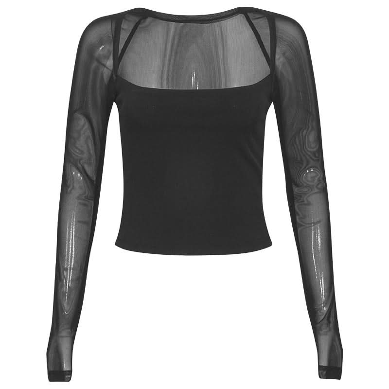 Square neck long sleeve mesh patchwork top  | Festival Outfits Women