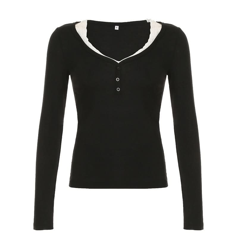 V neck long sleeve lace hem top  | Festival Outfits Women