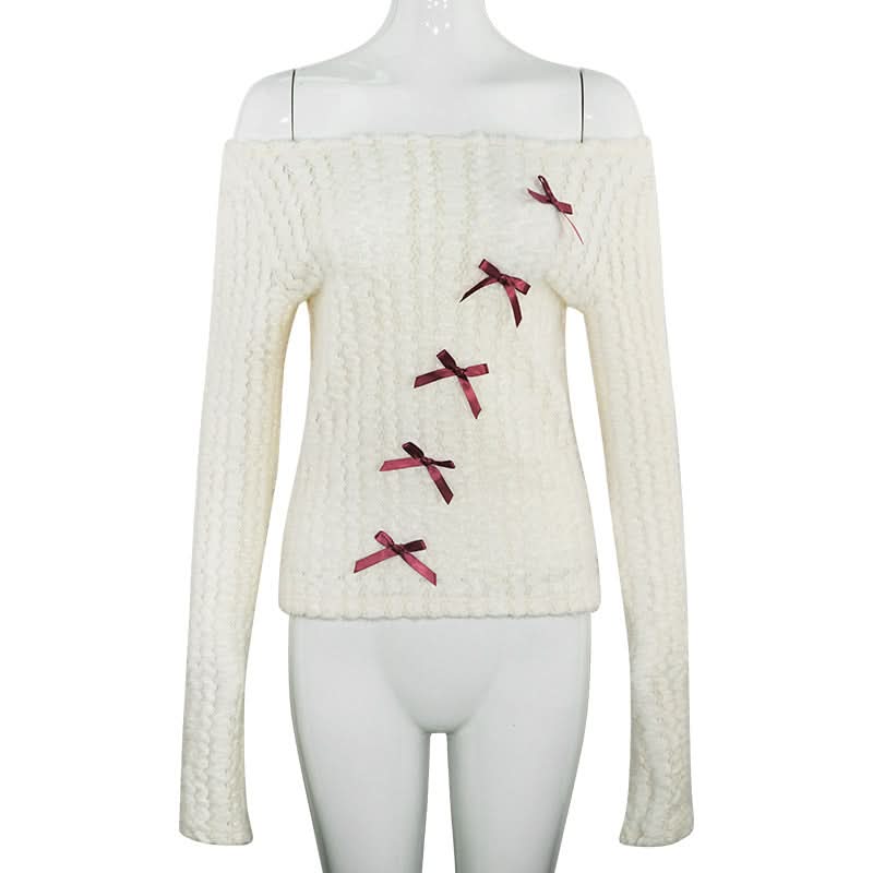 Off shoulder long sleeve bowknot fluffy top  | Festival Outfits Women