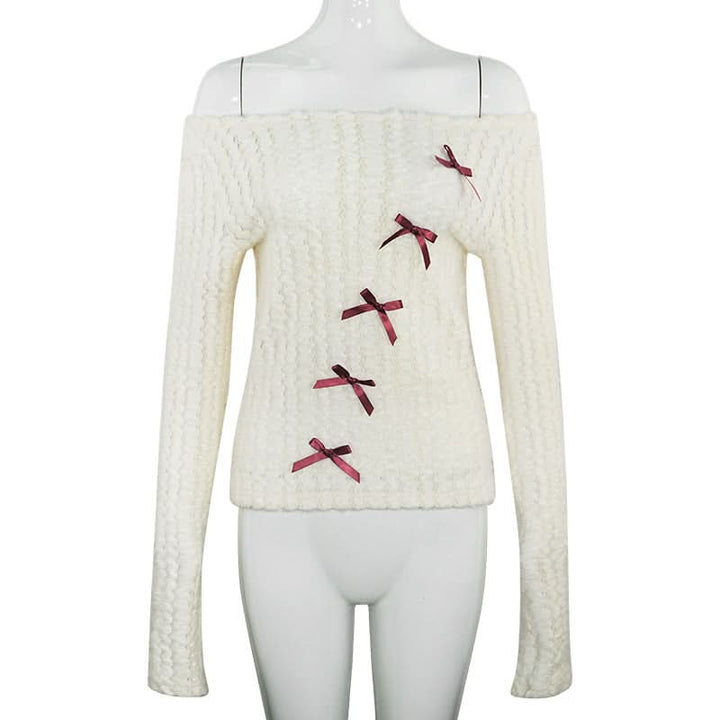 Off shoulder long sleeve bowknot fluffy top  | Festival Outfits Women