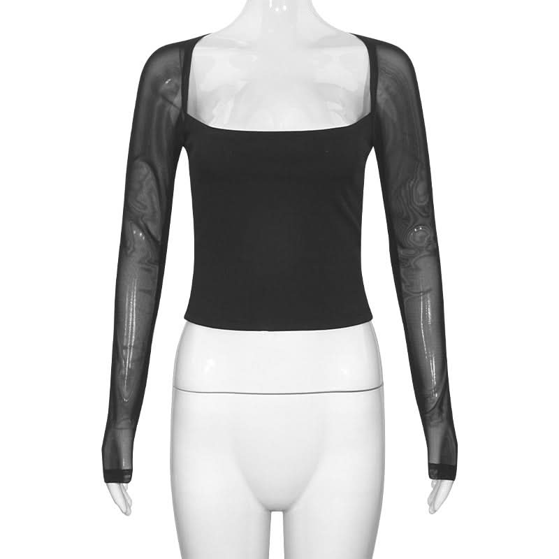 Square neck long sleeve mesh patchwork top  | Festival Outfits Women