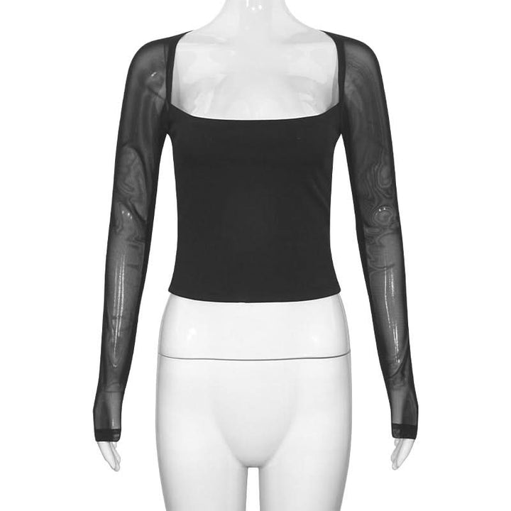Square neck long sleeve mesh patchwork top  | Festival Outfits Women