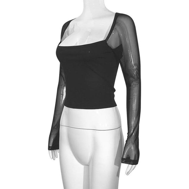 Square neck long sleeve mesh patchwork top  | Festival Outfits Women