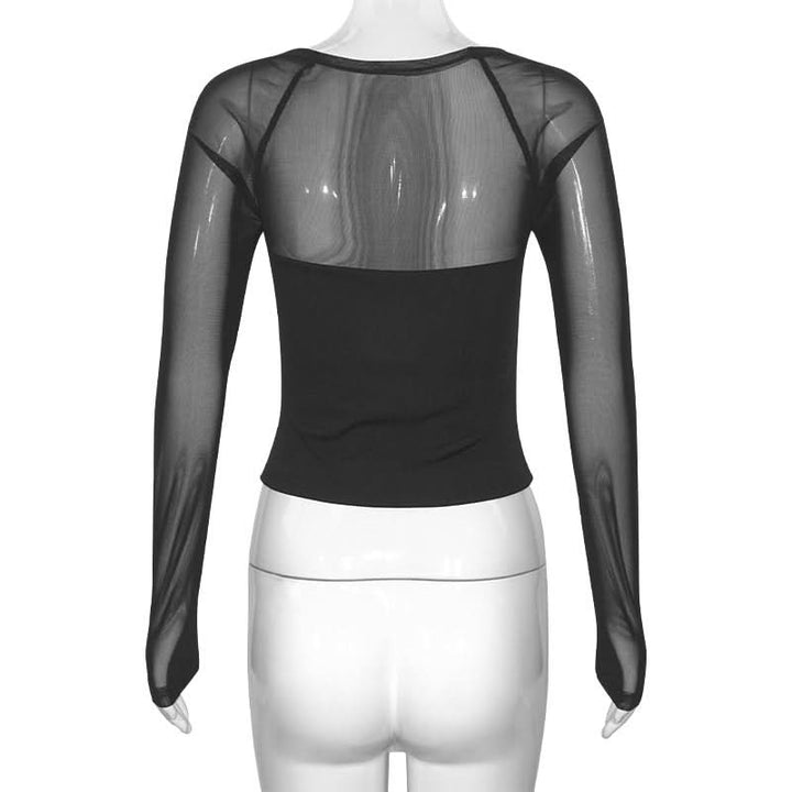 Square neck long sleeve mesh patchwork top  | Festival Outfits Women