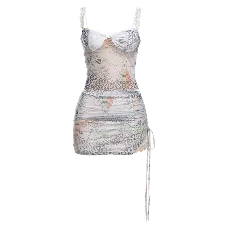 Lace hem bowknot print drawstring cami mini skirt set  | Festival Outfits Women