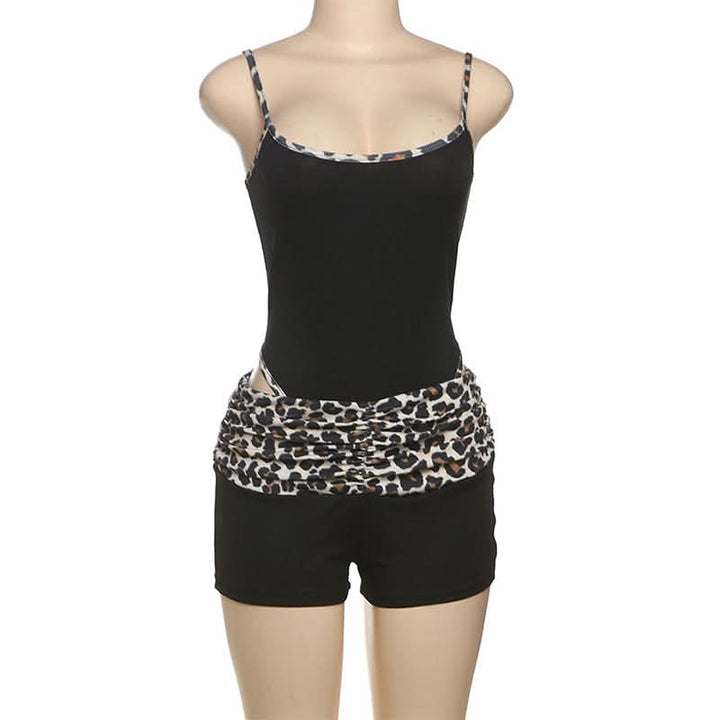 Leopard print u neck 2 piece cami short pant set  | Festival Outfits Women