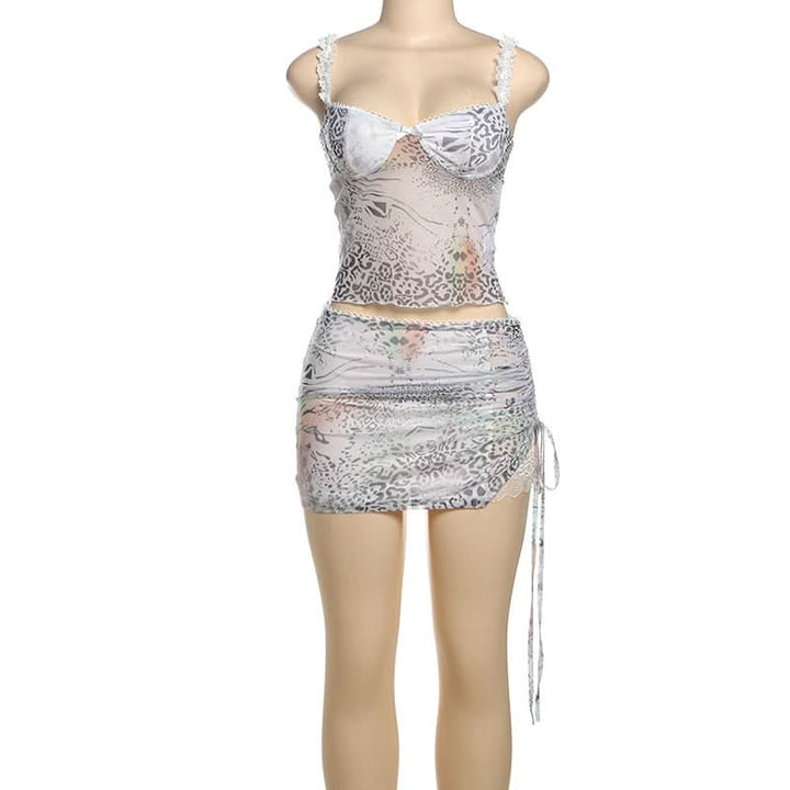 Lace hem bowknot print drawstring cami mini skirt set  | Festival Outfits Women