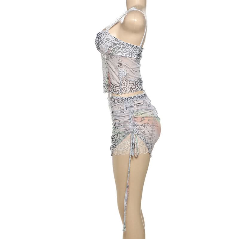 Lace hem bowknot print drawstring cami mini skirt set  | Festival Outfits Women
