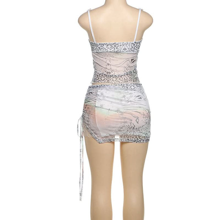 Lace hem bowknot print drawstring cami mini skirt set  | Festival Outfits Women
