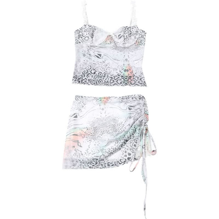 Lace hem bowknot print drawstring cami mini skirt set  | Festival Outfits Women