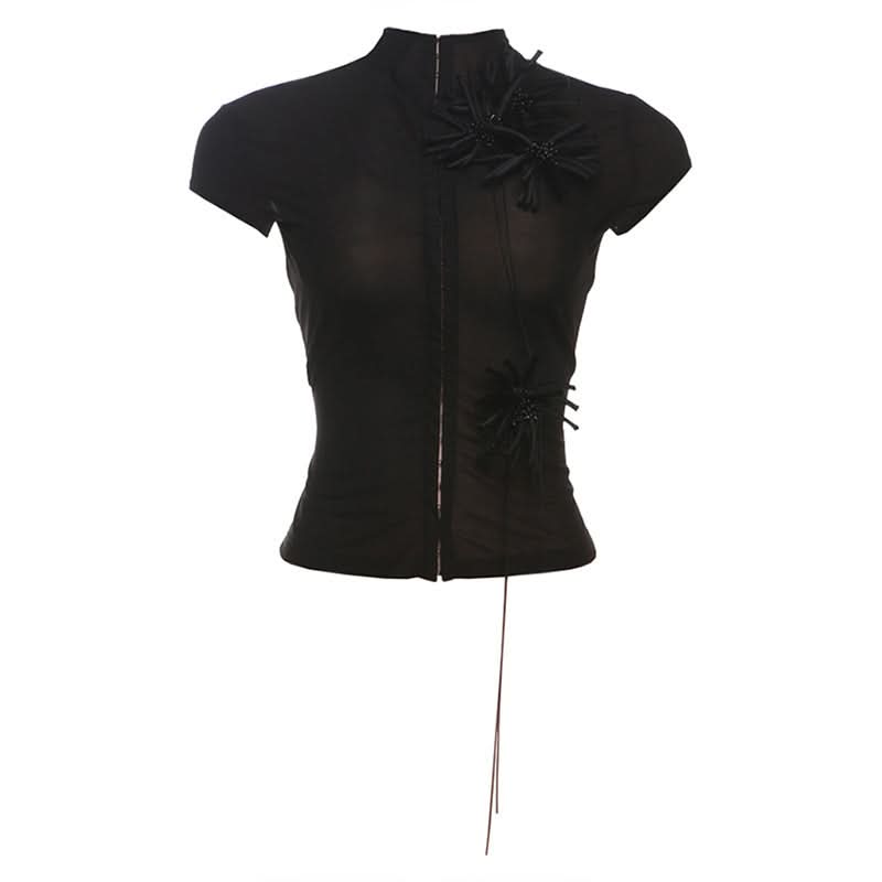 High neck short sleeve flower applique button top  | Festival Outfits Women