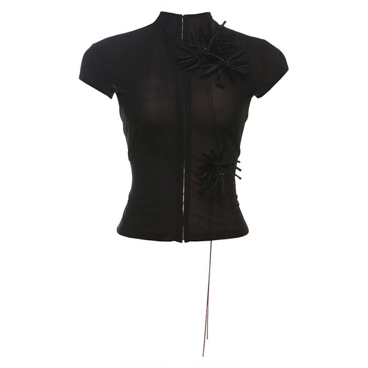 High neck short sleeve flower applique button top  | Festival Outfits Women