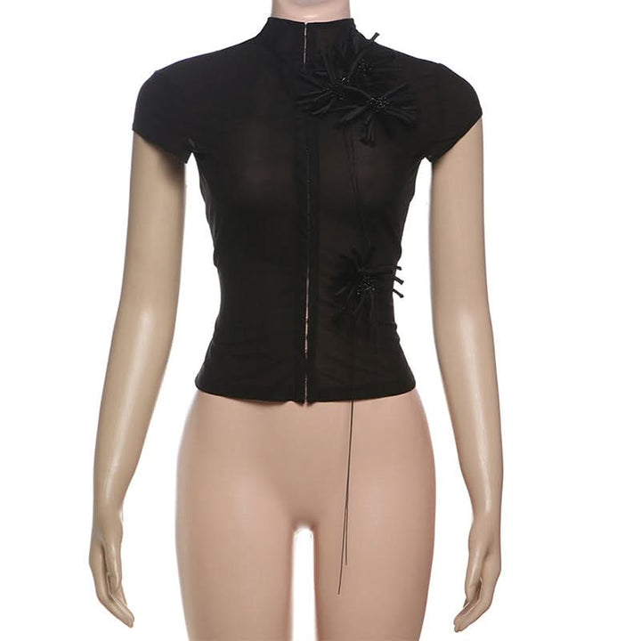 High neck short sleeve flower applique button top  | Festival Outfits Women