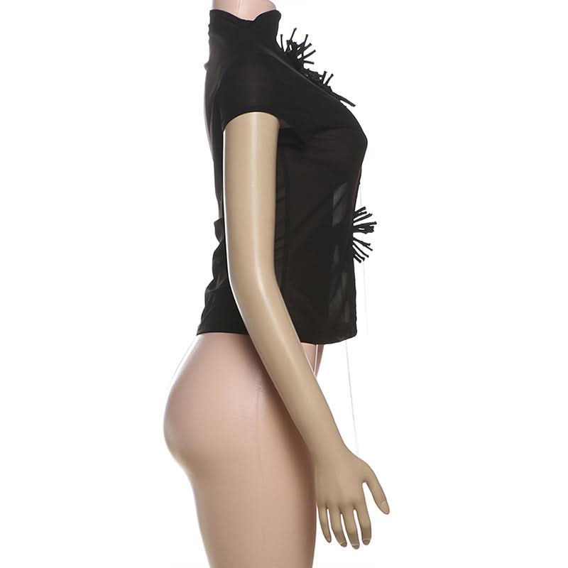 High neck short sleeve flower applique button top  | Festival Outfits Women