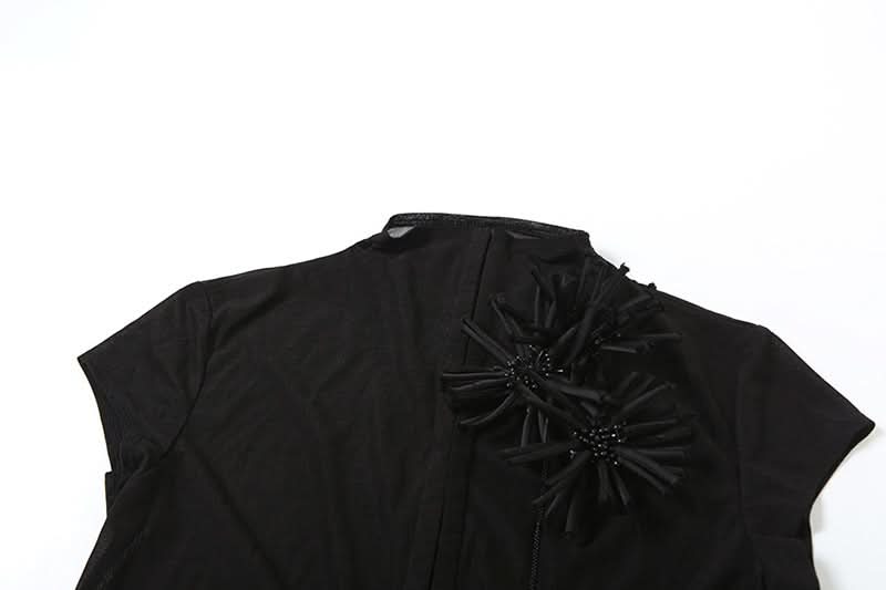 High neck short sleeve flower applique button top  | Festival Outfits Women
