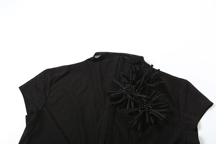 High neck short sleeve flower applique button top  | Festival Outfits Women