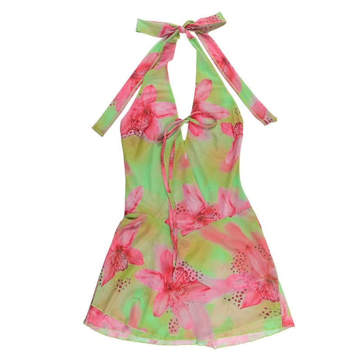 Halter flower print self tie mini dress  | Festival Outfits Women