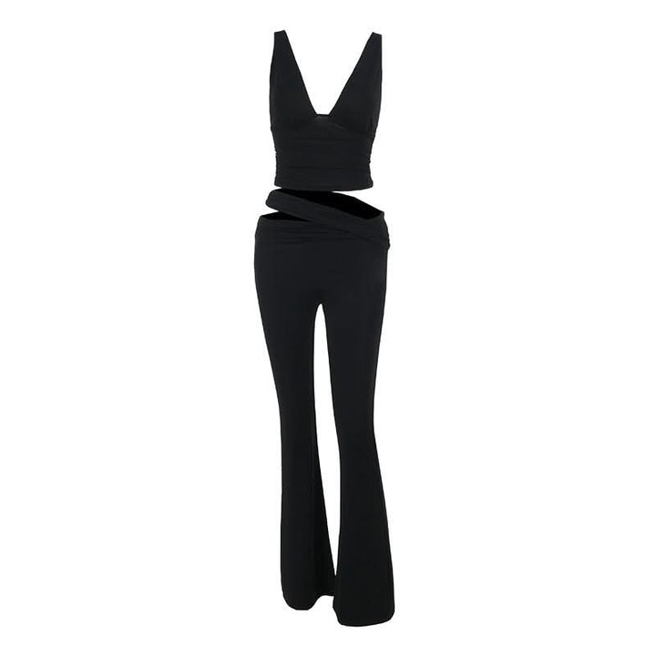 V neck solid hollow out pant set  | Festival Outfits Women