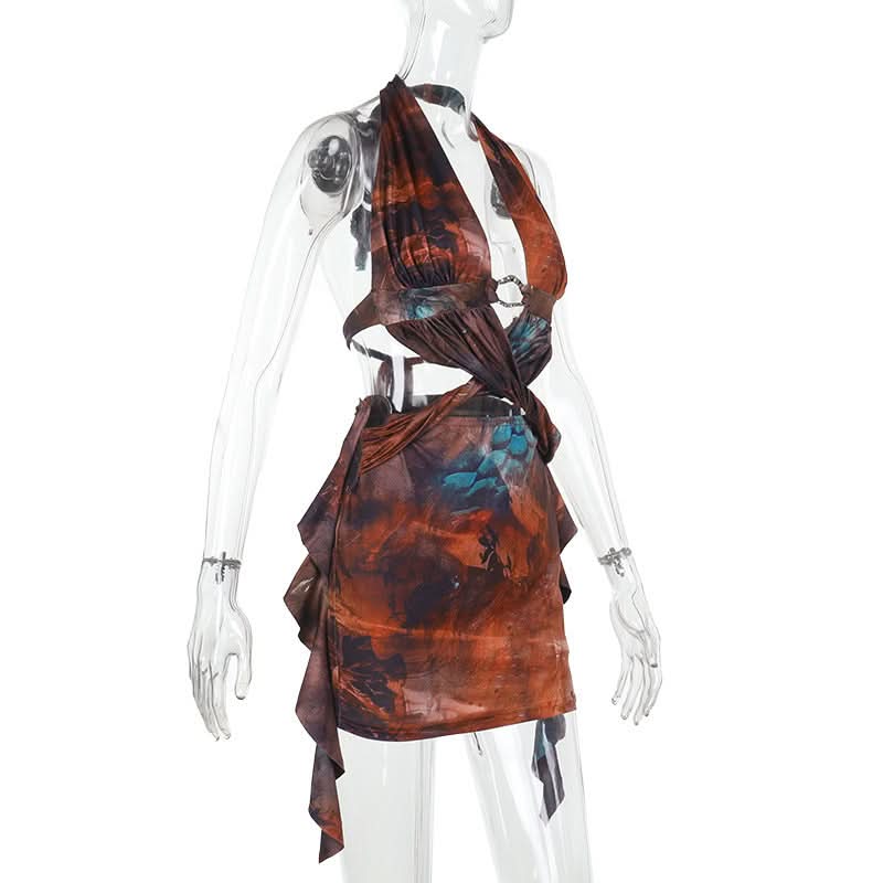 Halter self tie ruffle contrast backless mini dress  | Festival Outfits Women-final-sale
