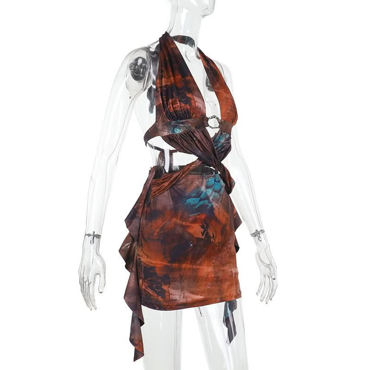 Halter self tie ruffle contrast backless mini dress  | Festival Outfits Women-final-sale