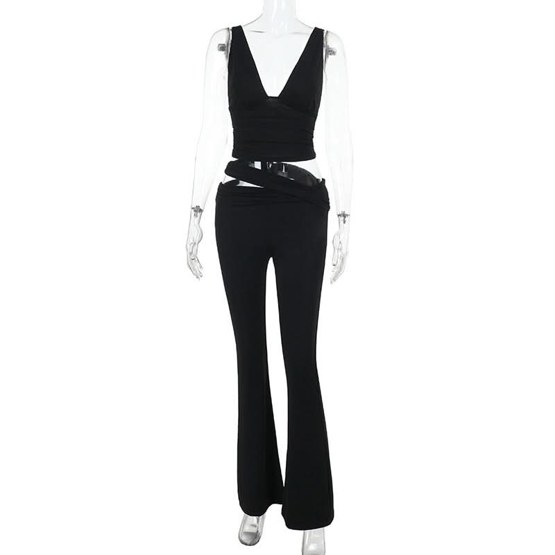 V neck solid hollow out pant set  | Festival Outfits Women
