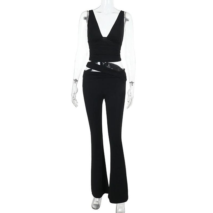 V neck solid hollow out pant set  | Festival Outfits Women