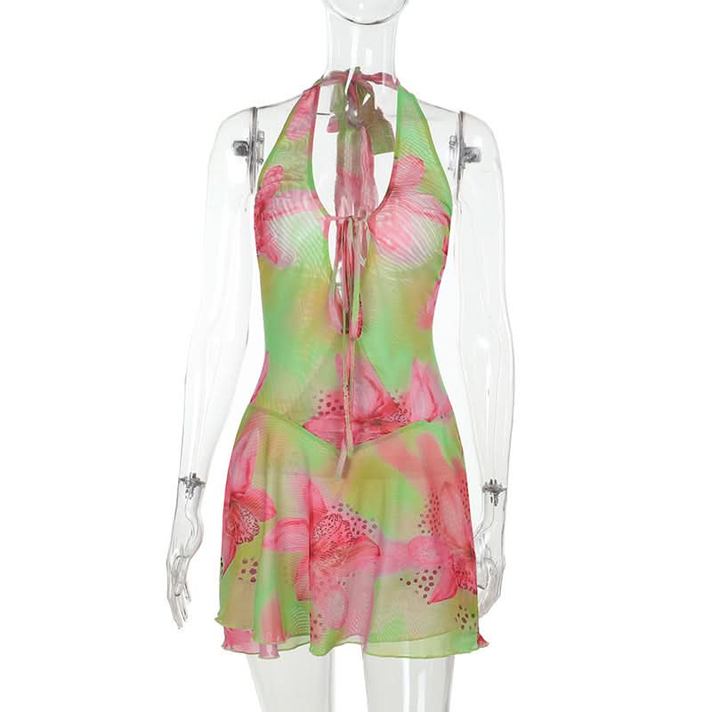 Halter flower print self tie mini dress  | Festival Outfits Women