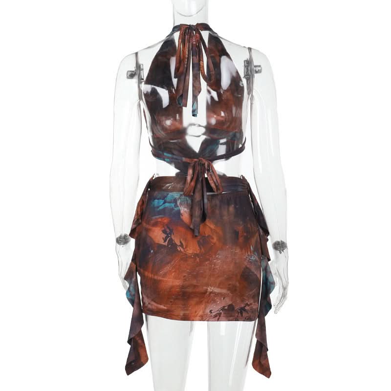 Halter self tie ruffle contrast backless mini dress  | Festival Outfits Women-final-sale