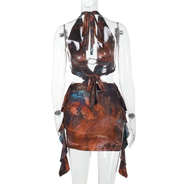 Halter self tie ruffle contrast backless mini dress  | Festival Outfits Women-final-sale