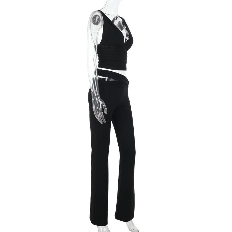 V neck solid hollow out pant set  | Festival Outfits Women