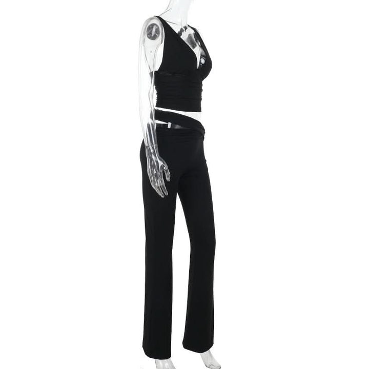 V neck solid hollow out pant set  | Festival Outfits Women