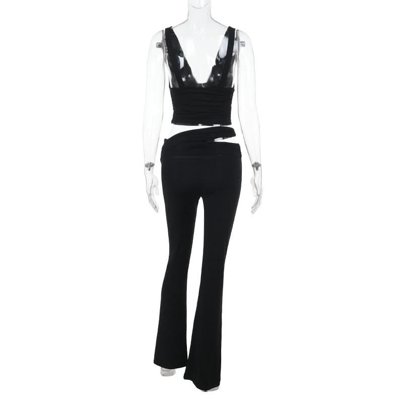 V neck solid hollow out pant set  | Festival Outfits Women