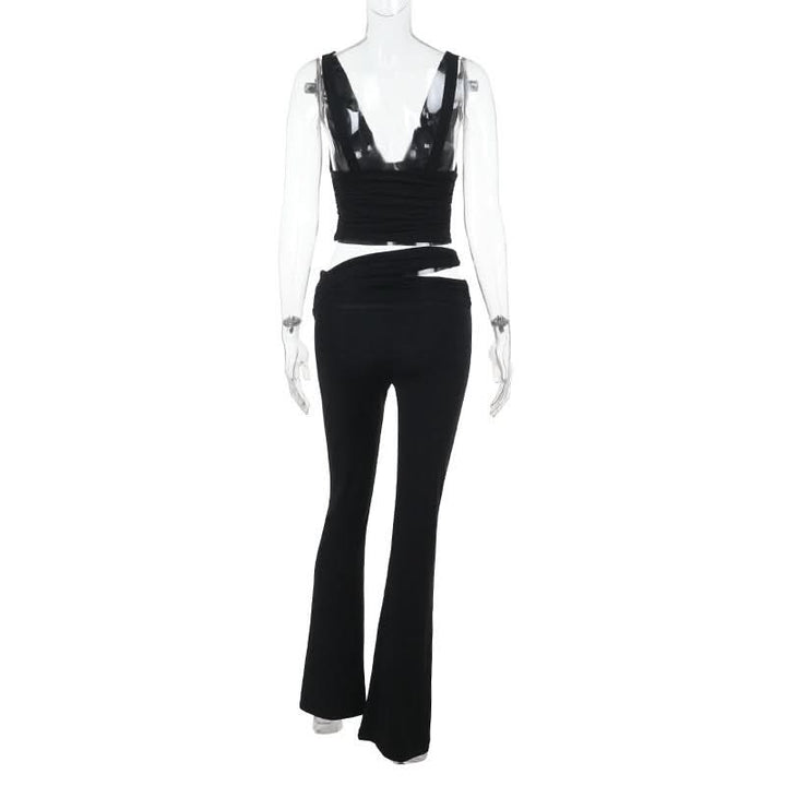 V neck solid hollow out pant set  | Festival Outfits Women