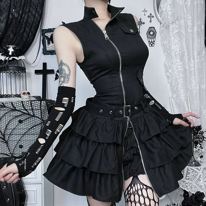 High sleeveless neck zip-up ruffle mini dress  | Festival Outfits Women
