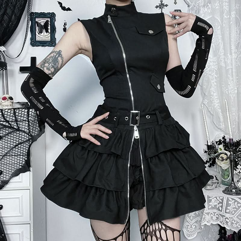 High sleeveless neck zip-up ruffle mini dress  | Festival Outfits Women