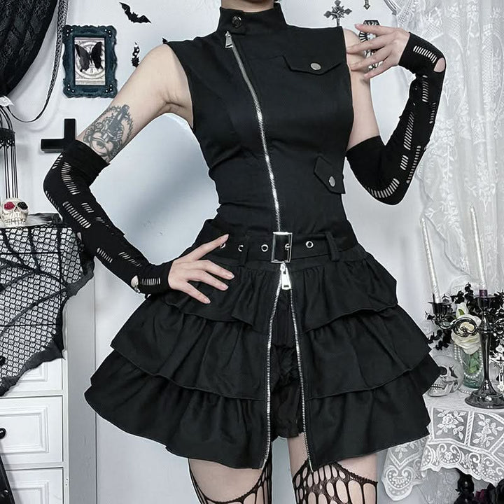 High sleeveless neck zip-up ruffle mini dress  | Festival Outfits Women