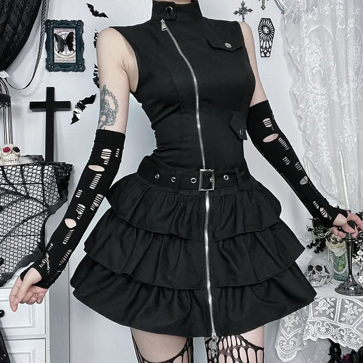 High sleeveless neck zip-up ruffle mini dress  | Festival Outfits Women